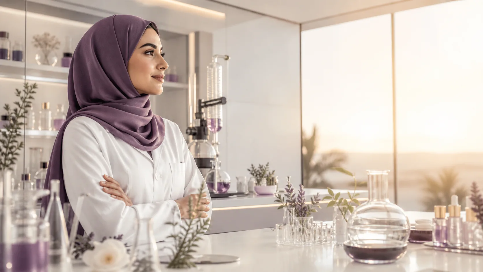 متخصصة عربية تنظر بثقة إلى مستقبلها في مختبر مستحضرات التجميل